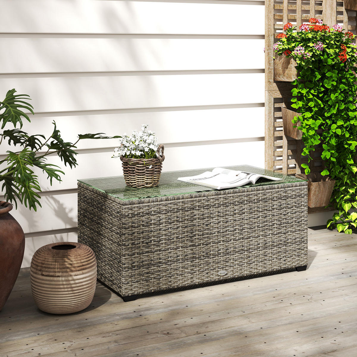 GARTENBEISTELLTISCH DE-13677 mit Glasplatte Dunkelgrau - Dunkelgrau, Metall (90/50/38cm) - ComfortXL