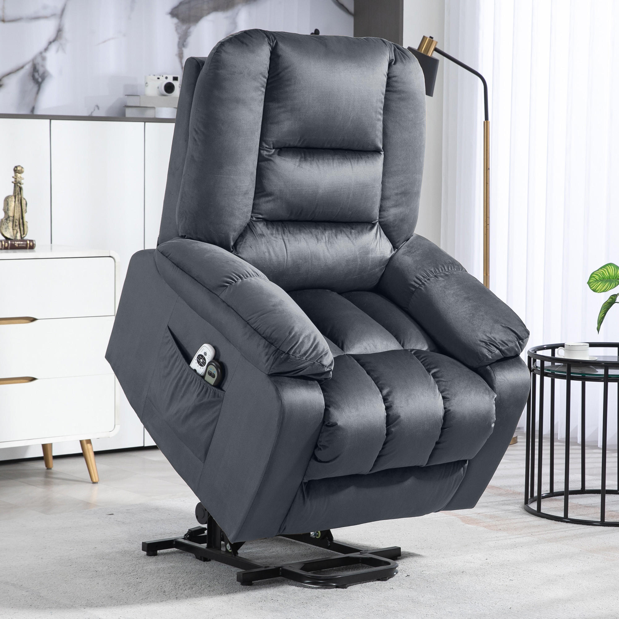 FERNSEHSESSEL mit Aufstehhilfe Elektrisch, Relaxsessel mit Liege-, Heizfunktion - Schwarz/Grau, Textil/Metall (94/107/85cm) - HOMCOM