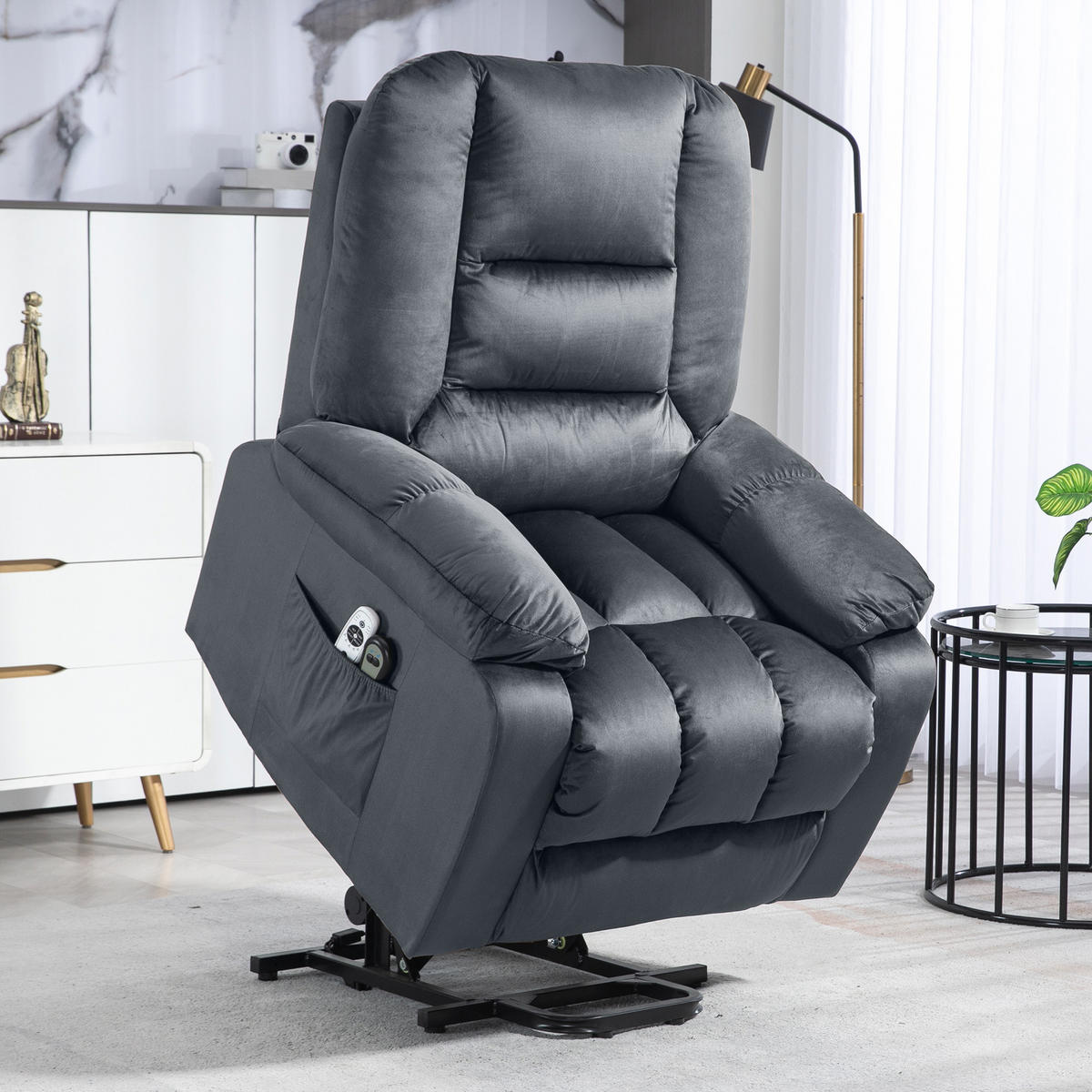 FERNSEHSESSEL mit Aufstehhilfe Elektrisch, Relaxsessel mit Liege-, Heizfunktion - Schwarz/Grau, Textil/Metall (94/107/85cm) - HOMCOM