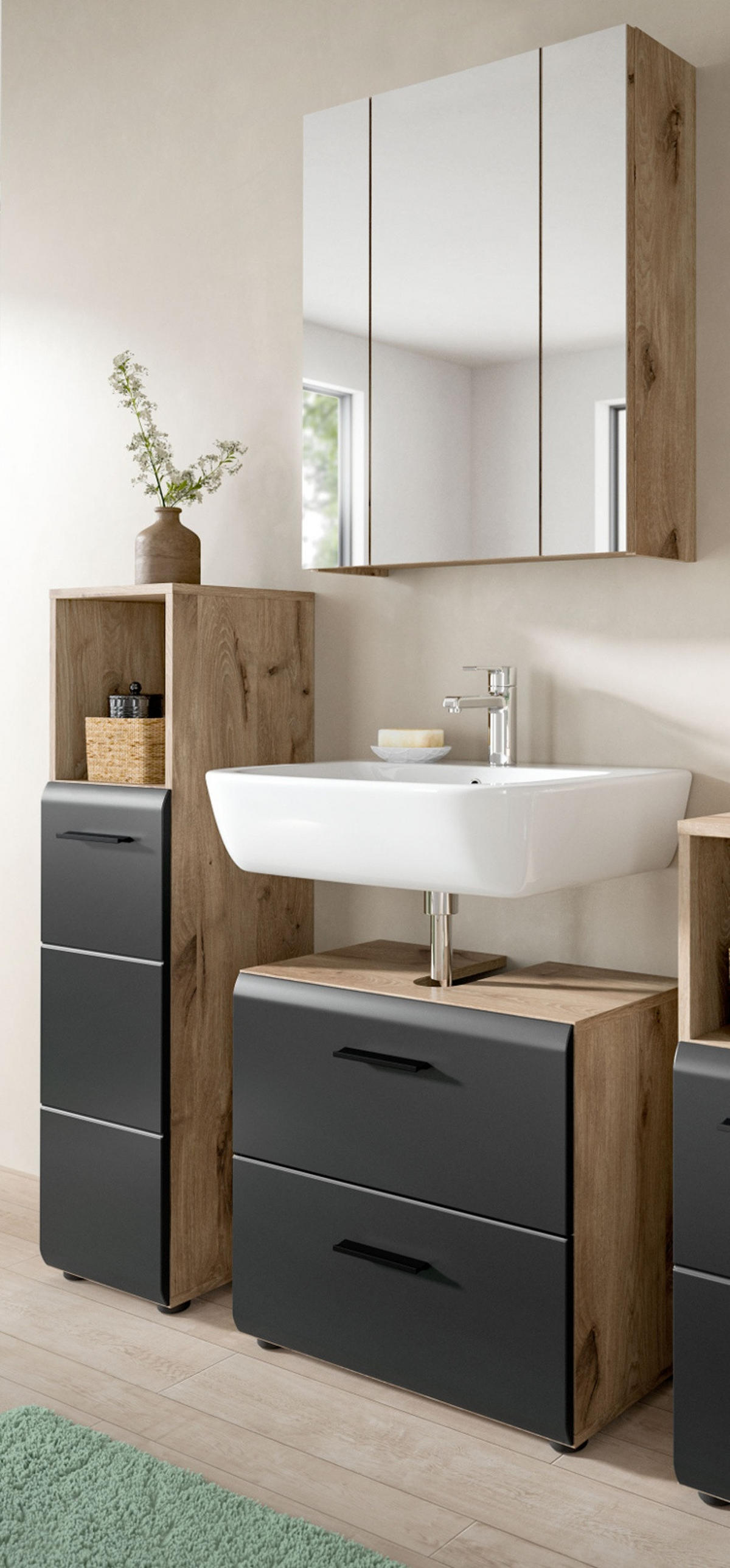 BADMÖBEL-SET 3-teilig schwarz matt, Nox Eiche, Badkombination 105 x 185 cm - Eichefarben/Schwarz, Glas/Holzwerkstoff (105/185/30cm) - Inn.Furn