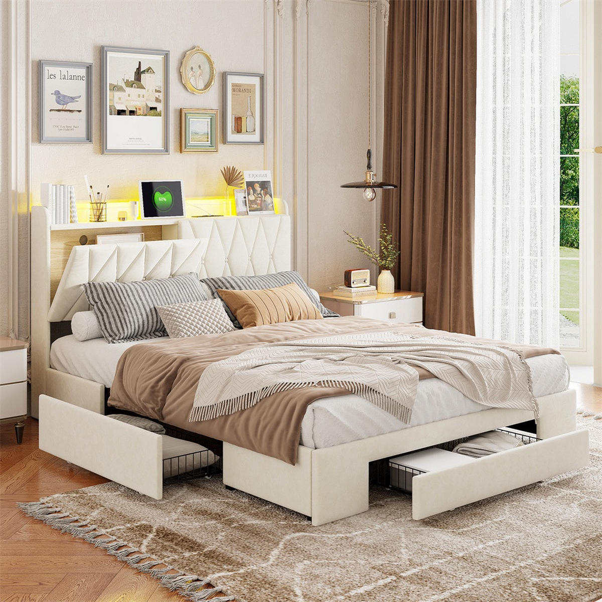 POLSTERBETT 140x200 cm mit aufklappbarem Stauraumkopfteil - 3 Schubladen und LED-Beleuchtung - ohne Matratze - Beige - Beige, Textil (140/200cm) - DELFA