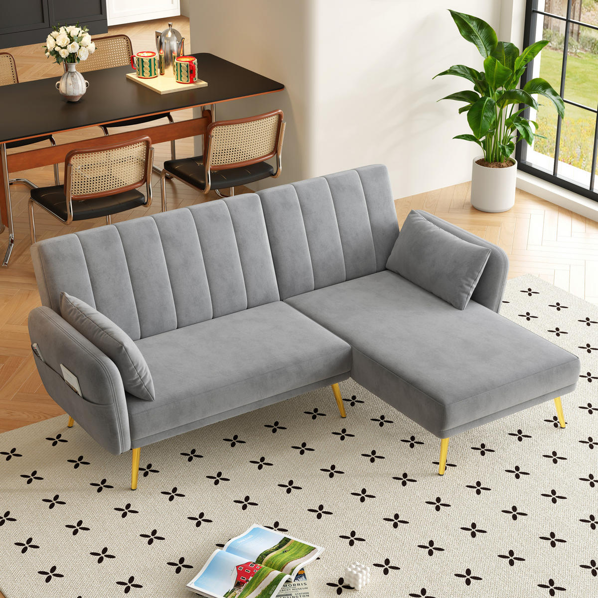 ECKSOFA aus Samt 191,5x130,5x80 cm in Grau mit Schlaffunktion - Grau, Textil (130.5/80/191.5cm) - Modfu