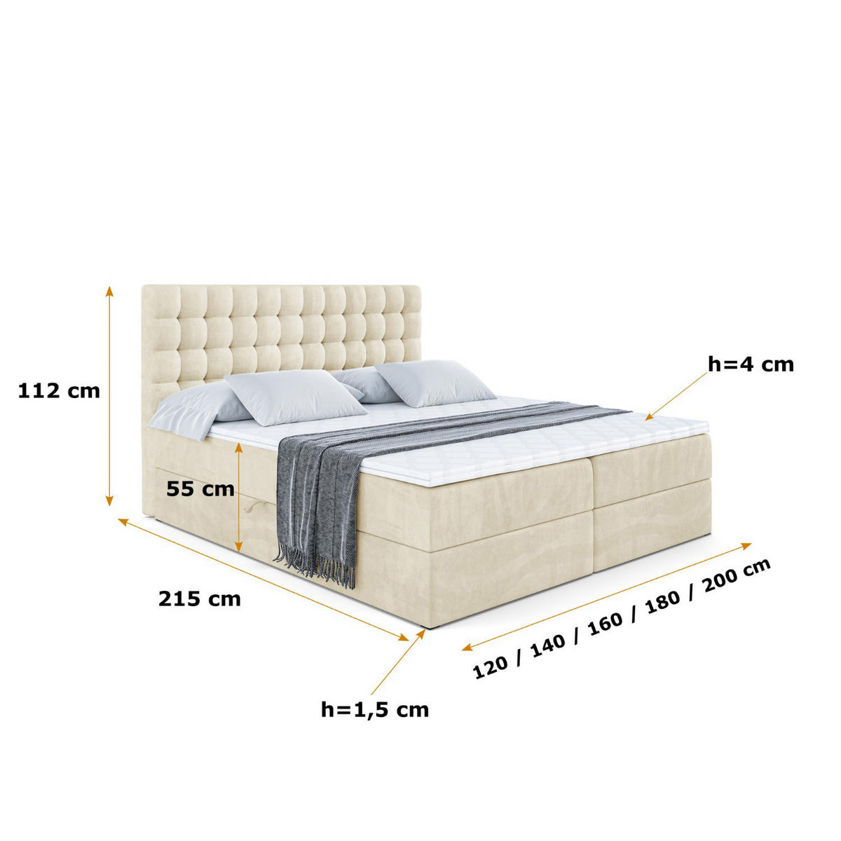 BOXBETT mit H4-Matratze und Lattenrost - VIONE - 140x200 Beige - Beige, Holzwerkstoff (120/200cm) - ALTDECOR
