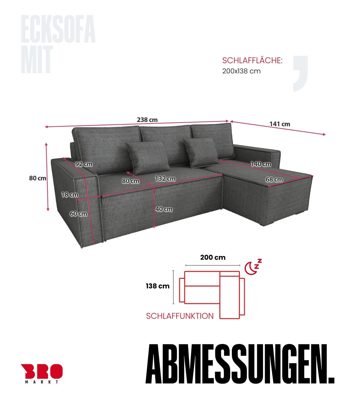 ECKSOFA Dexter mit Schlaffunktion Grau Cord - Dunkelgrau, Textil (238/141cm) - Bromarkt