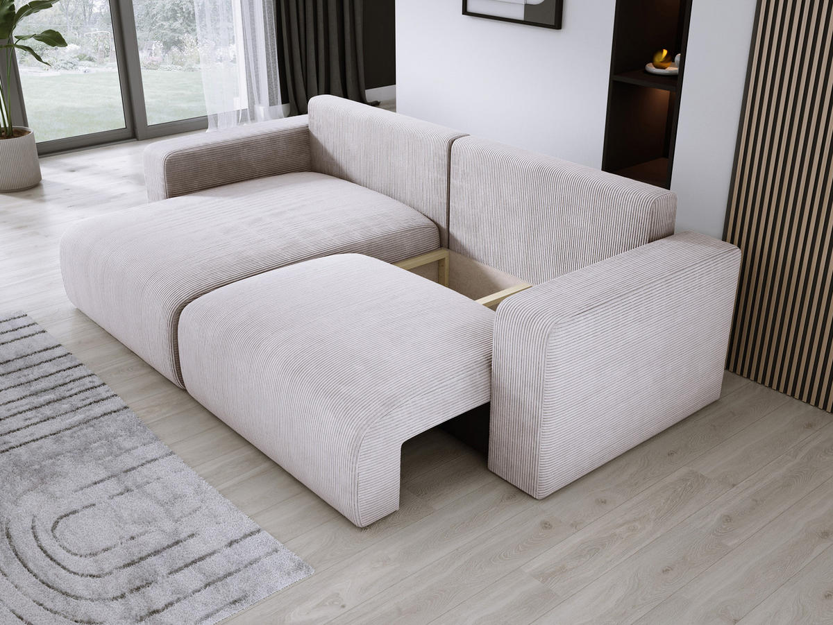 ECKSOFA Carl L-förmig Schlaffunktion und Bettkasten weicher Cordstoff flexibel stellbar lose Rückenkissen freistehend LINKS 143x247x83cm Greige - Greige, Holz/Textil (143/247cm) - DomoHome