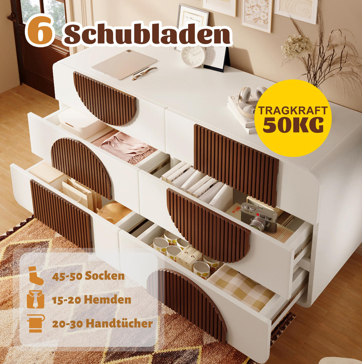 KOMMODE 121/71/41 cm Weiß aus Holz mit 6 Schubladen - Weiß, Holzwerkstoff (41/71/121cm) - OKMYHOME