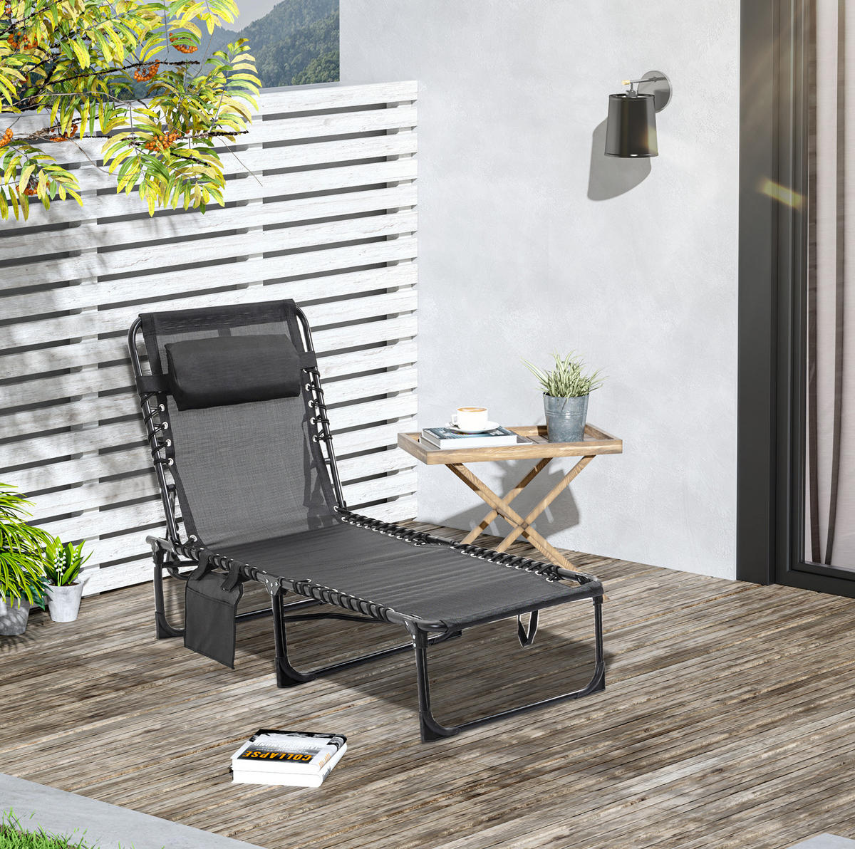 SONNENLIEGE aus Stahl 185x58x30 cm in Schwarz mit Kopfkissen & Seitentasche - Schwarz, Metall (58/30/185cm) - Modfu