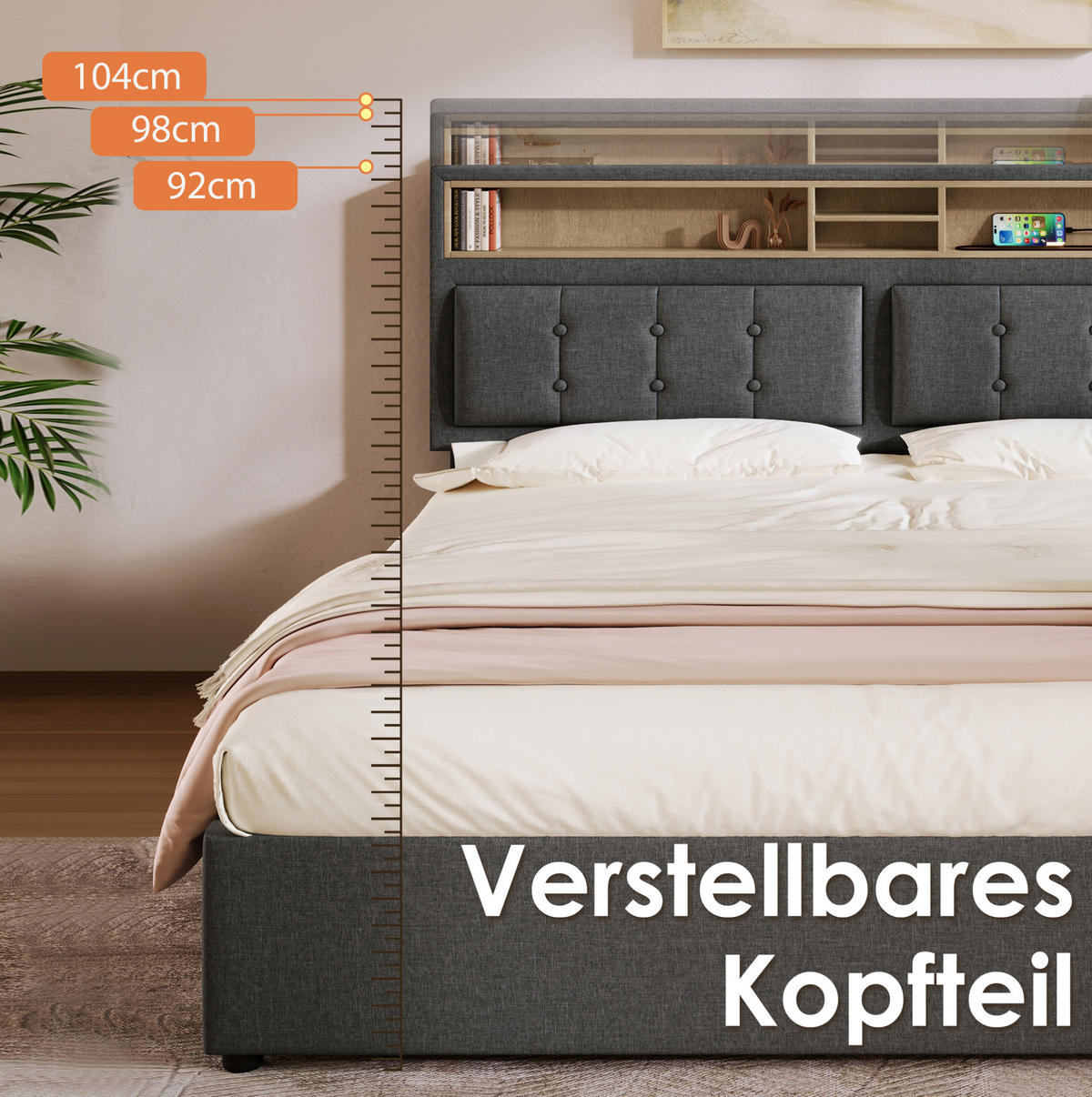 ČALÚNENÁ posteľ z ľanu 140x200 cm sivá s nastaviteľným čelom, USB-C a úložným priestorom - sivá, textil (140/200cm) - Modfu