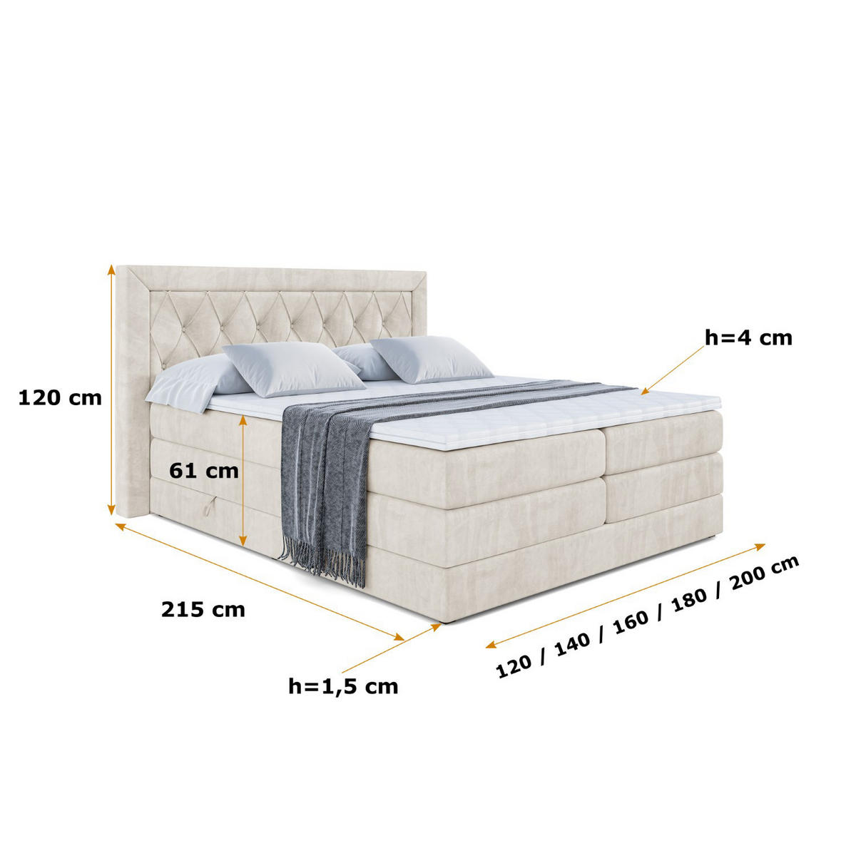 BOXSPRINGBETT NOEL KING - 160 x 200 - H3/H4 - Ecru - Ecru, Holzwerkstoff (160/200cm) - ALTDECOR