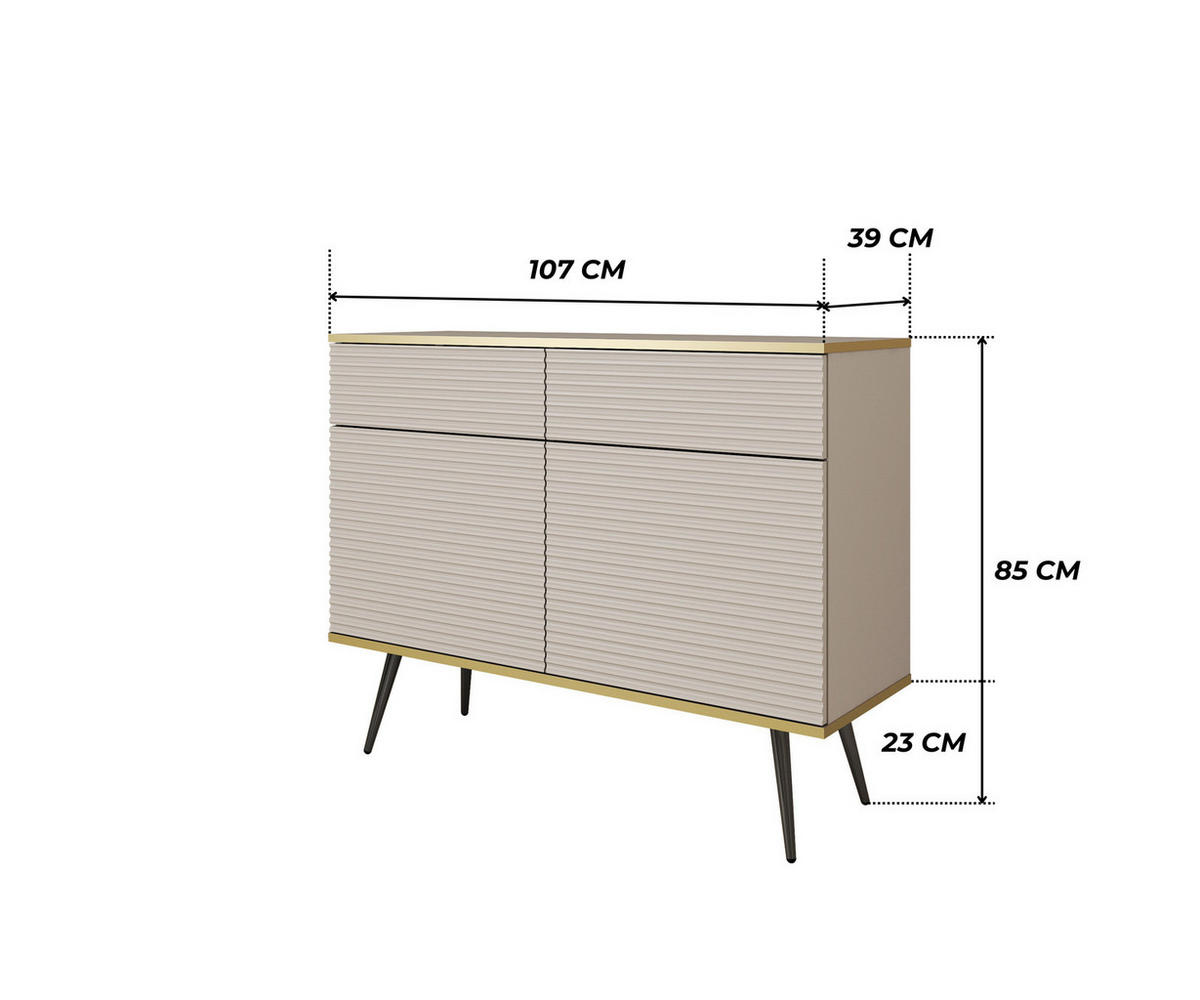 KOMMODE FORNO (Beige, Rillenfront, Goldene Details, 2 Türen, 2 Schubladen, schwarze Metallfüße, 107 cm) - Beige/Schwarz, Holz/Holzwerkstoff (107/85/39cm) - Ravio