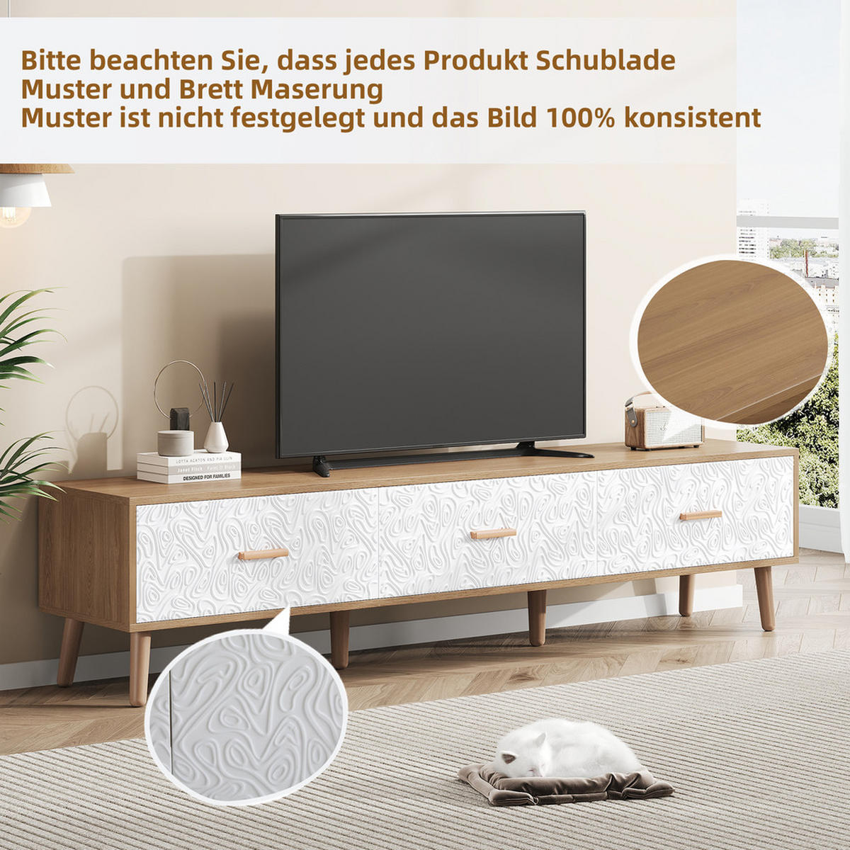 TV-SCHRANK 150x35cm Vintage Lowboard helles Holz weiße Tür - Weiß, Holz (46/14/164.5cm) - FLIEKS