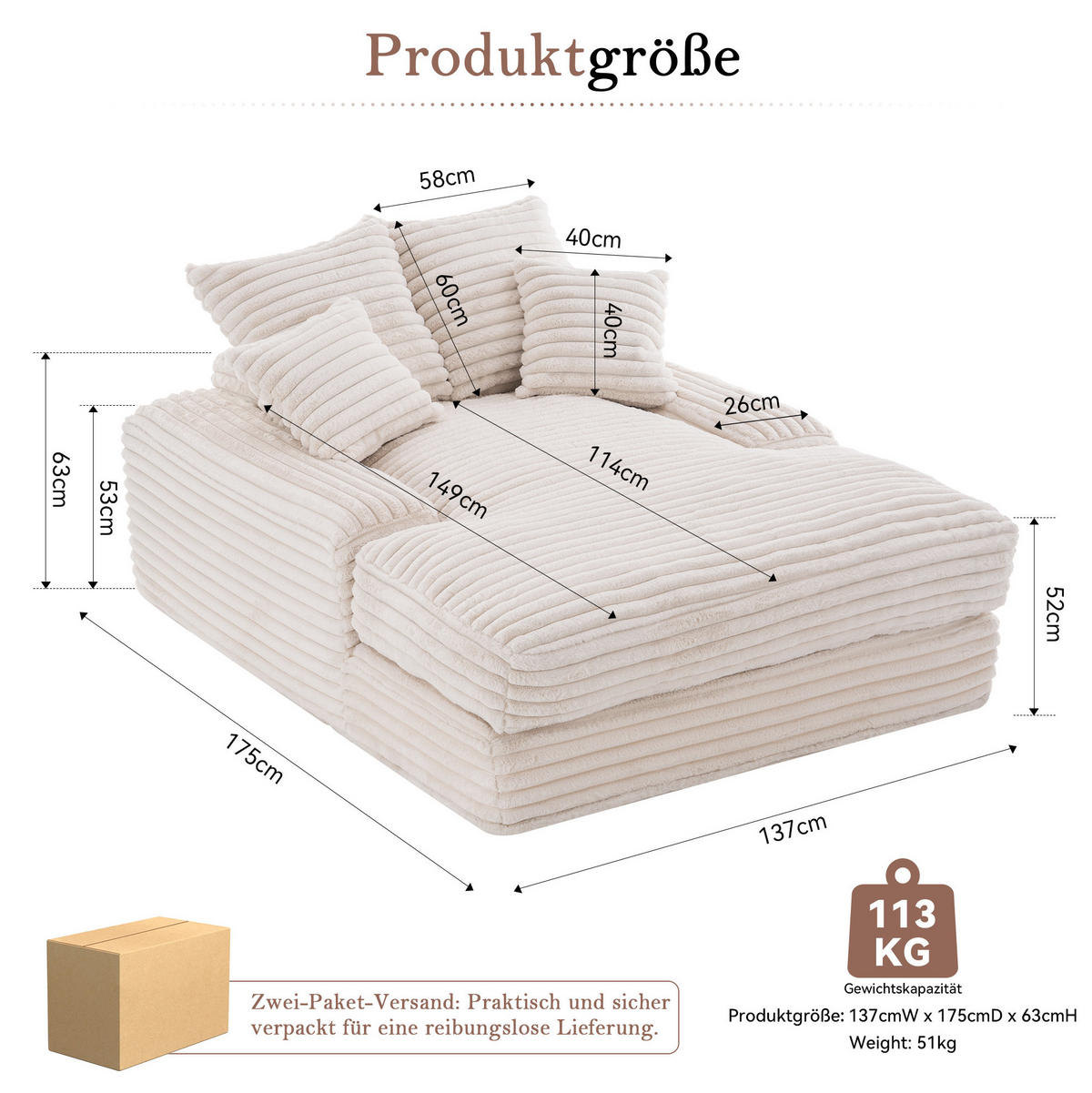 SCHLAFSOFA 137/175 cm in Beige – ohne Montage, mit Cordbezug und 4 Kissen - Beige, Textil (137/63/175cm) - BEAOK
