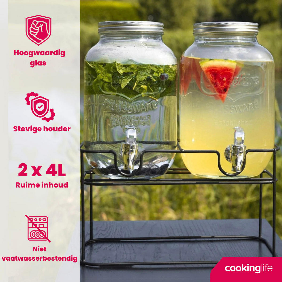 GETRÄNKESPENDER Dubbele - mit Halter - 2 x 4 Liter - Schwarz, Glas (8L) - Cookinglife