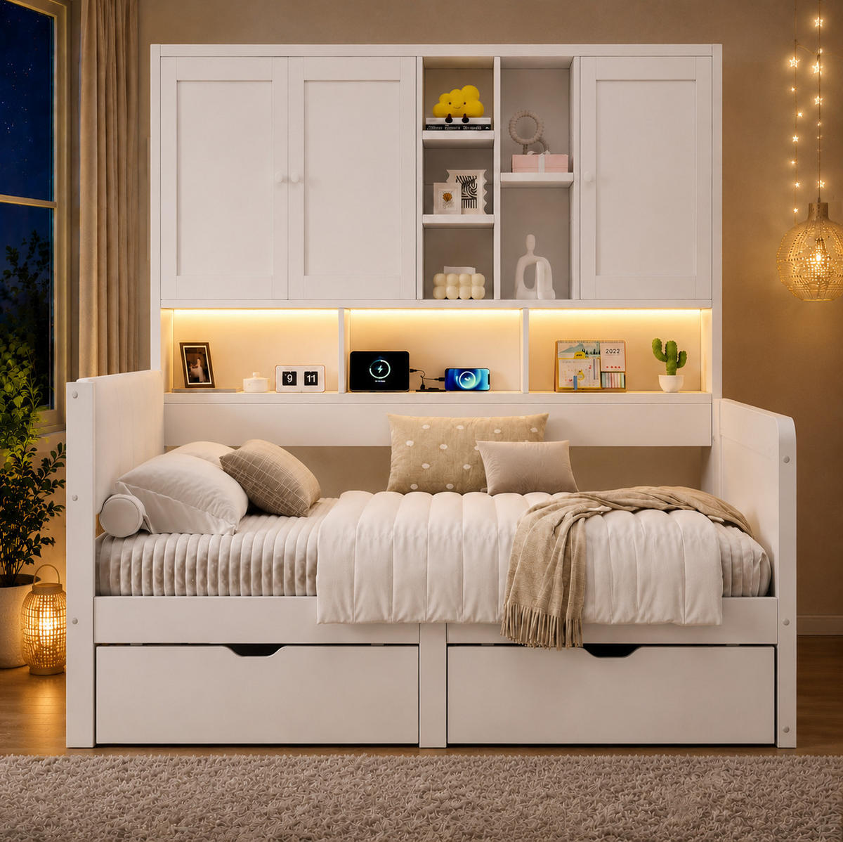POSTEĽ 90/200 cm s úložným priestorom, LED svetlom a USB, biela - biela, kompozitné drevo (90/200cm) - Flora Grace