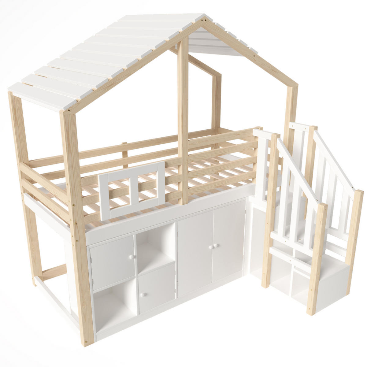 HOCHBETT aus Kiefer 90x200 cm Weiß/Natur mit Stauraumleiter, Schließfächern, Fenster und Hausform - Weiß, Holz (90/200cm) - Modfu