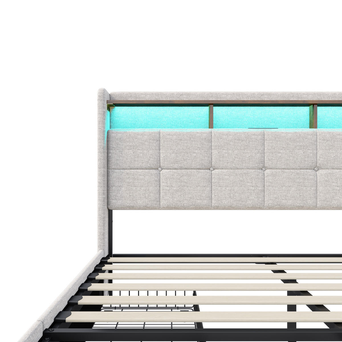POLSTERBETT 140x200 cm mit Stauraumkopf und 4 Schubladen, LED-Leisten, USB-/Typ-C, Leinenstoff, Beige - Beige, Holz (140/200cm) - BRILVERDE