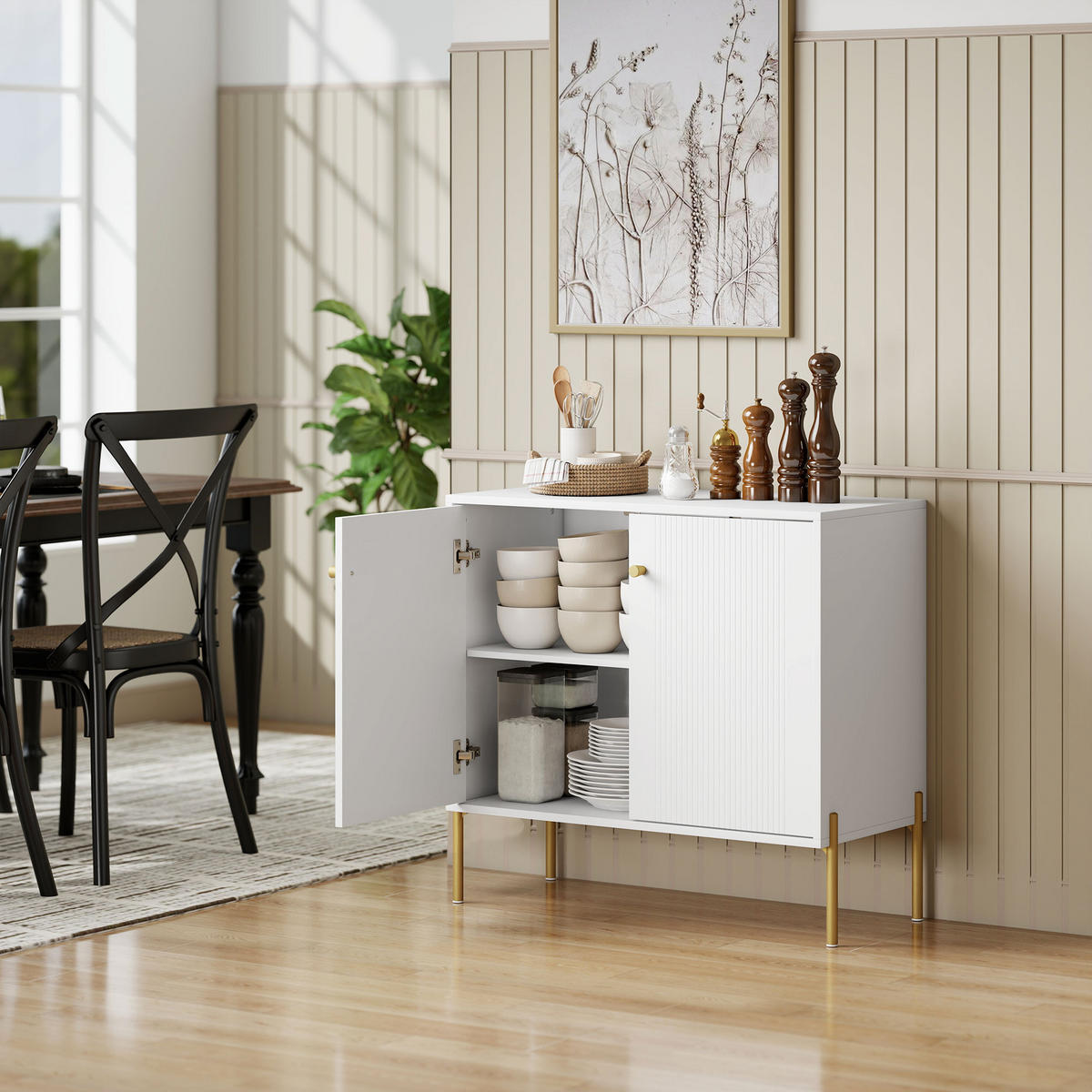 SIDEBOARD DE-11242 1 gerillte Doppeltür Weiß - Weiß, Holzwerkstoff (80/76/39.1cm) - ComfortXL