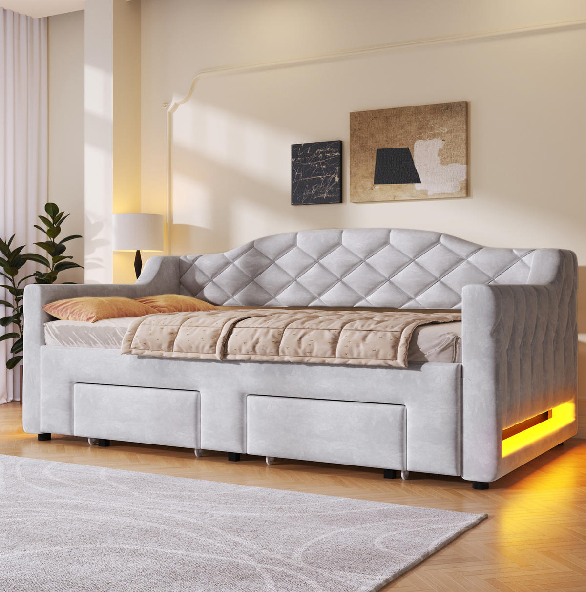 KREVET 90/200 cm s izvlačnim ležajem, LED osvjetljenjem i dvije ladice, Siva - siva, tekstil (90/200cm) - Redom