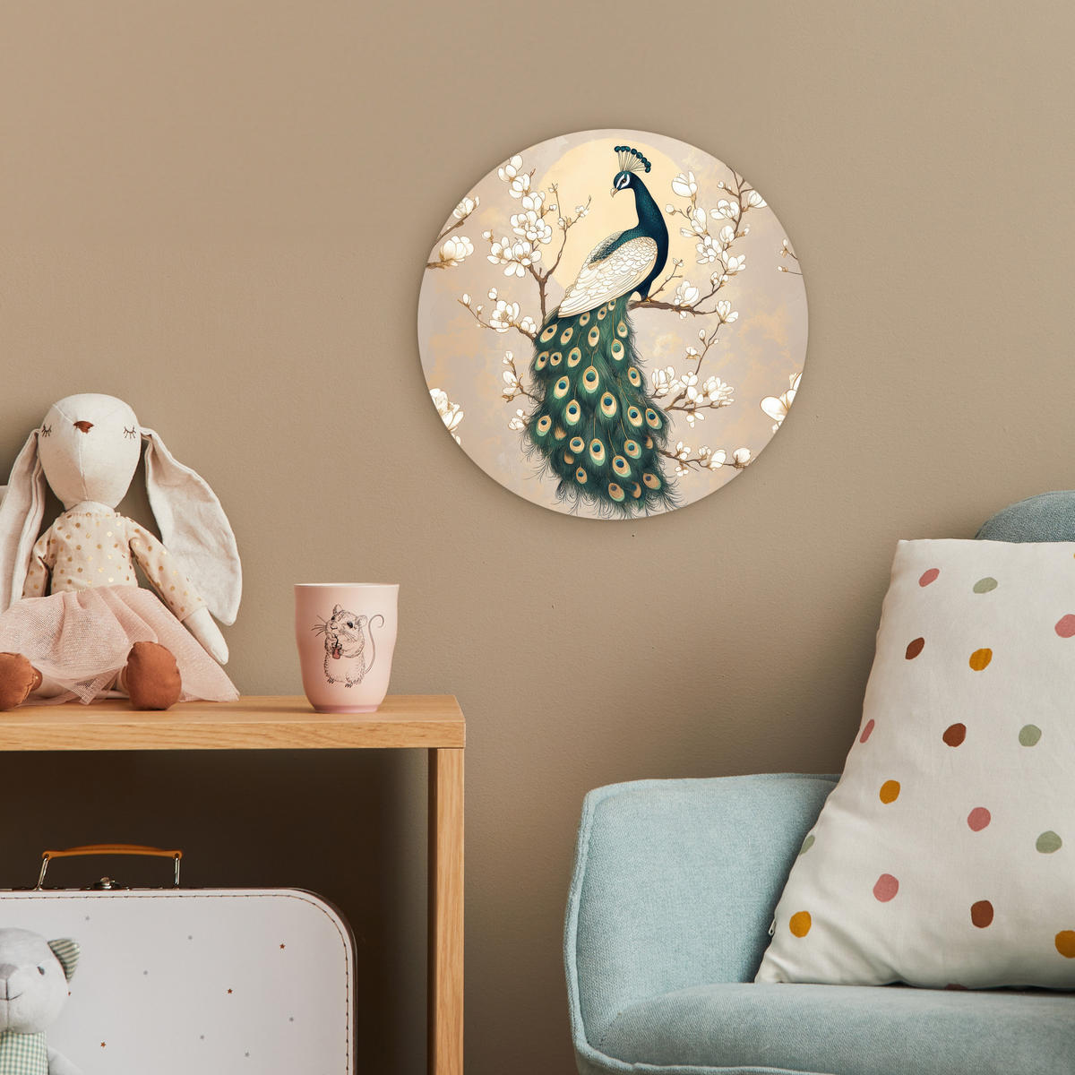 WANDBILD Pfau - Zweig - Blumen 30x30 cm - Champagner, Kunststoff (30/30cm) - MuchoWow