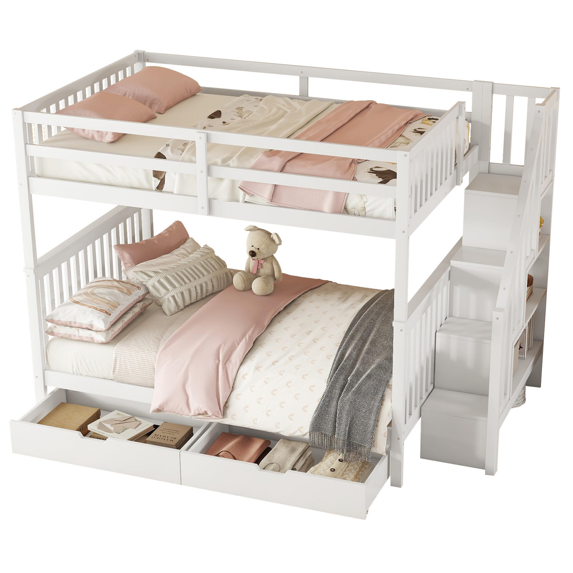 ETAGENBETT 140/200 cm weiß aus Kiefernholz mit Stauraumtreppe - Weiß, Holzwerkstoff (140/200cm) - OKWISH