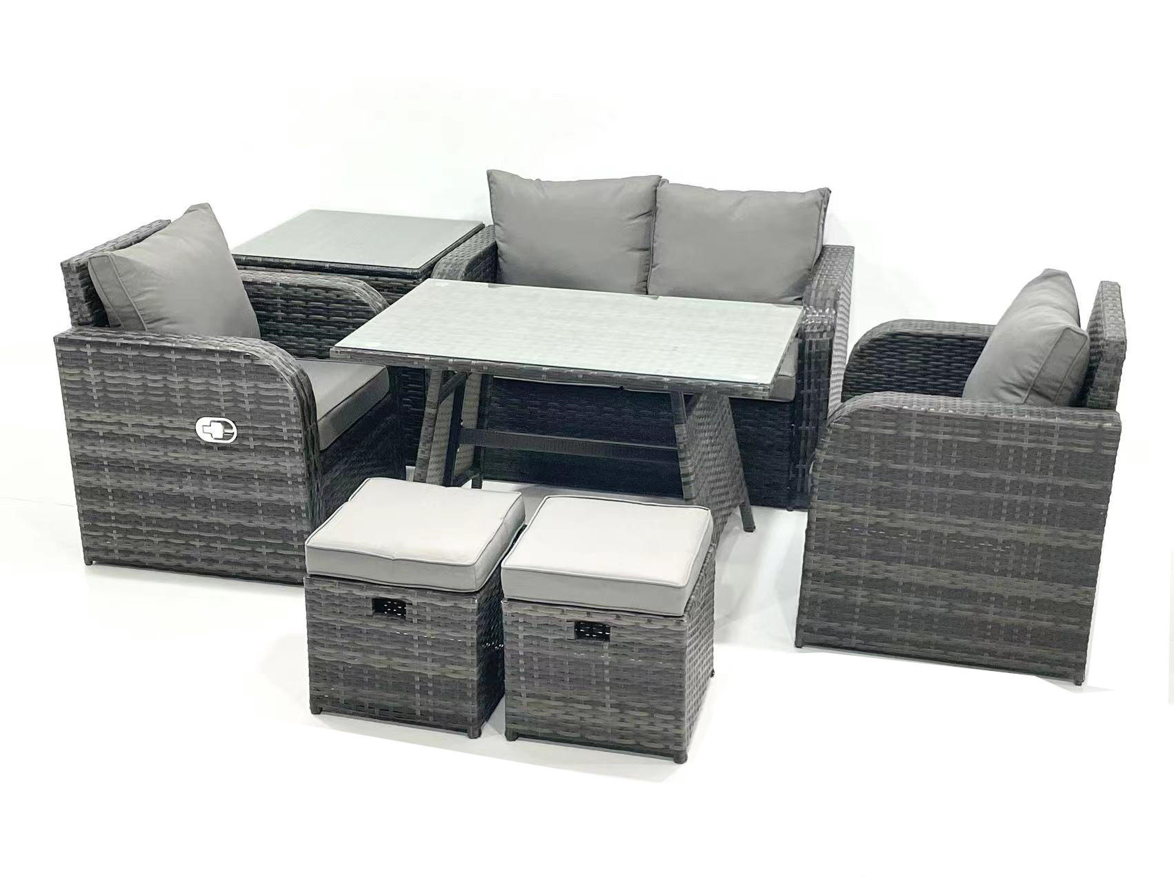GARTENMÖBEL SET mit COUCHTISCH Polyrattan Dunkelgrau 6-Sitzer - Dunkelgrau/Grau, Glas/Kunststoff - Fimous