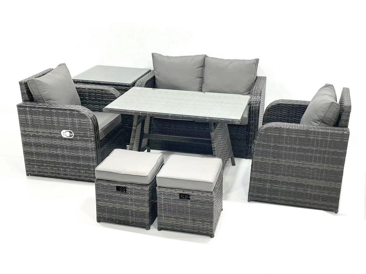 GARTENMÖBEL SET mit COUCHTISCH Polyrattan Dunkelgrau 6-Sitzer - Dunkelgrau/Grau, Glas/Kunststoff - Fimous