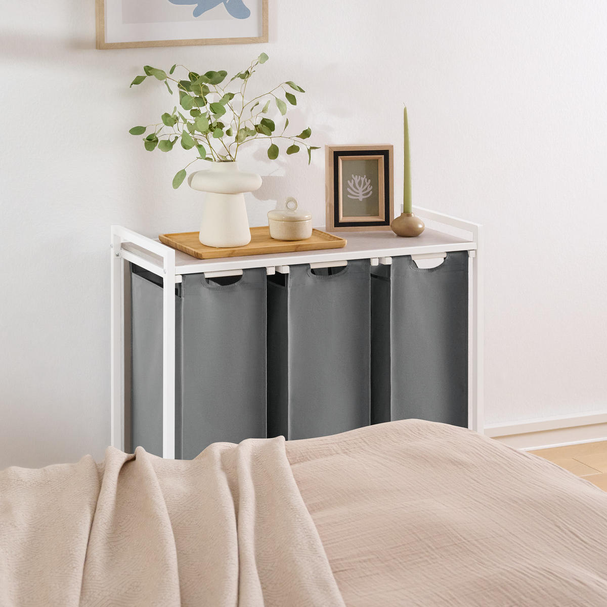 WÄSCHESAMMLER 3 Fächer Grau - Wäschekorb mit Ablage in Beton-Optik - Wäschetrenner 3 Fächer - Grau, Textil (83.5/73/36cm) - Blumtal