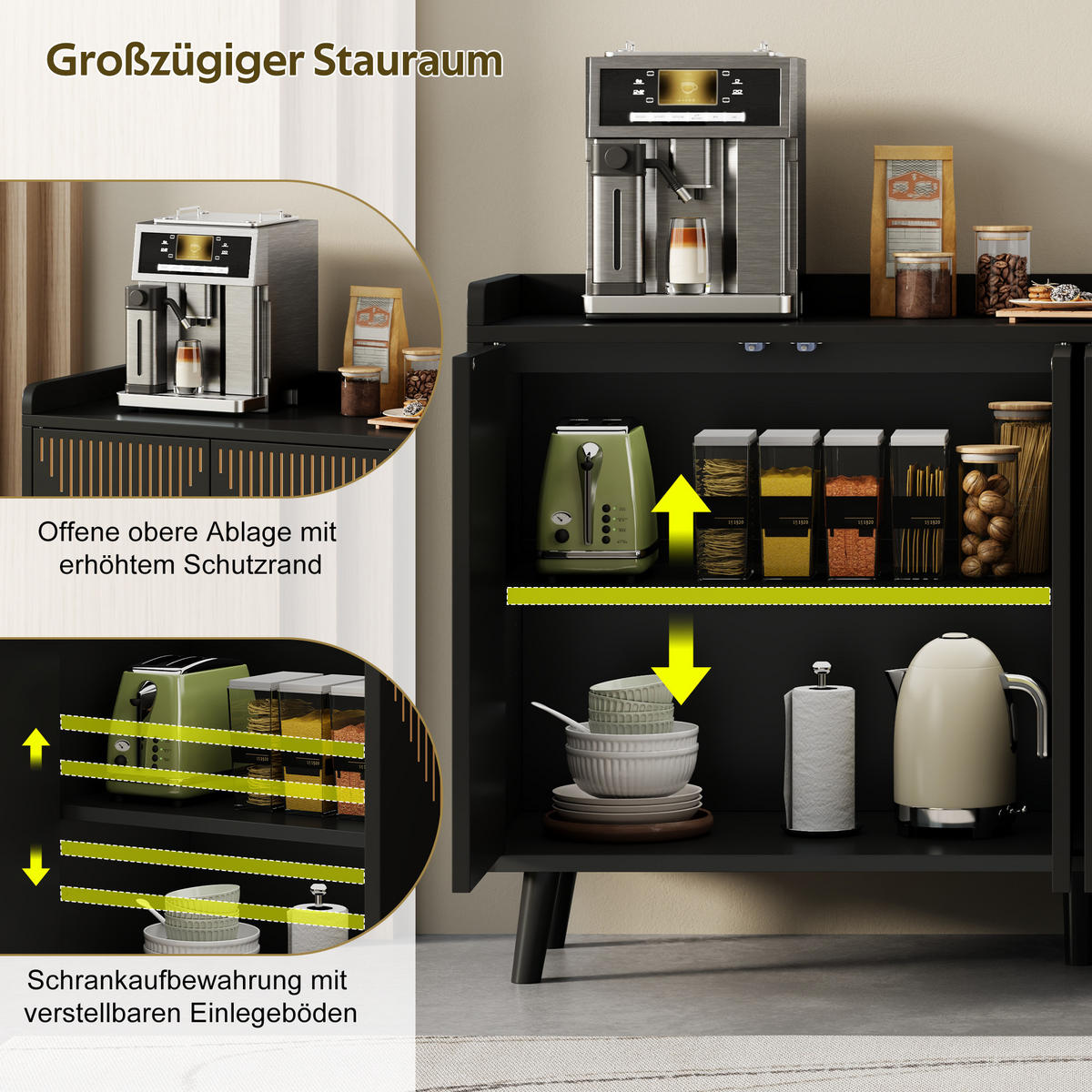 SIDEBOARD DE-38640 140/40/84 cm 4 Türen und verstellbare Böden Schwarz - Schwarz, Holzwerkstoff (140/84/40cm) - ComfortXL