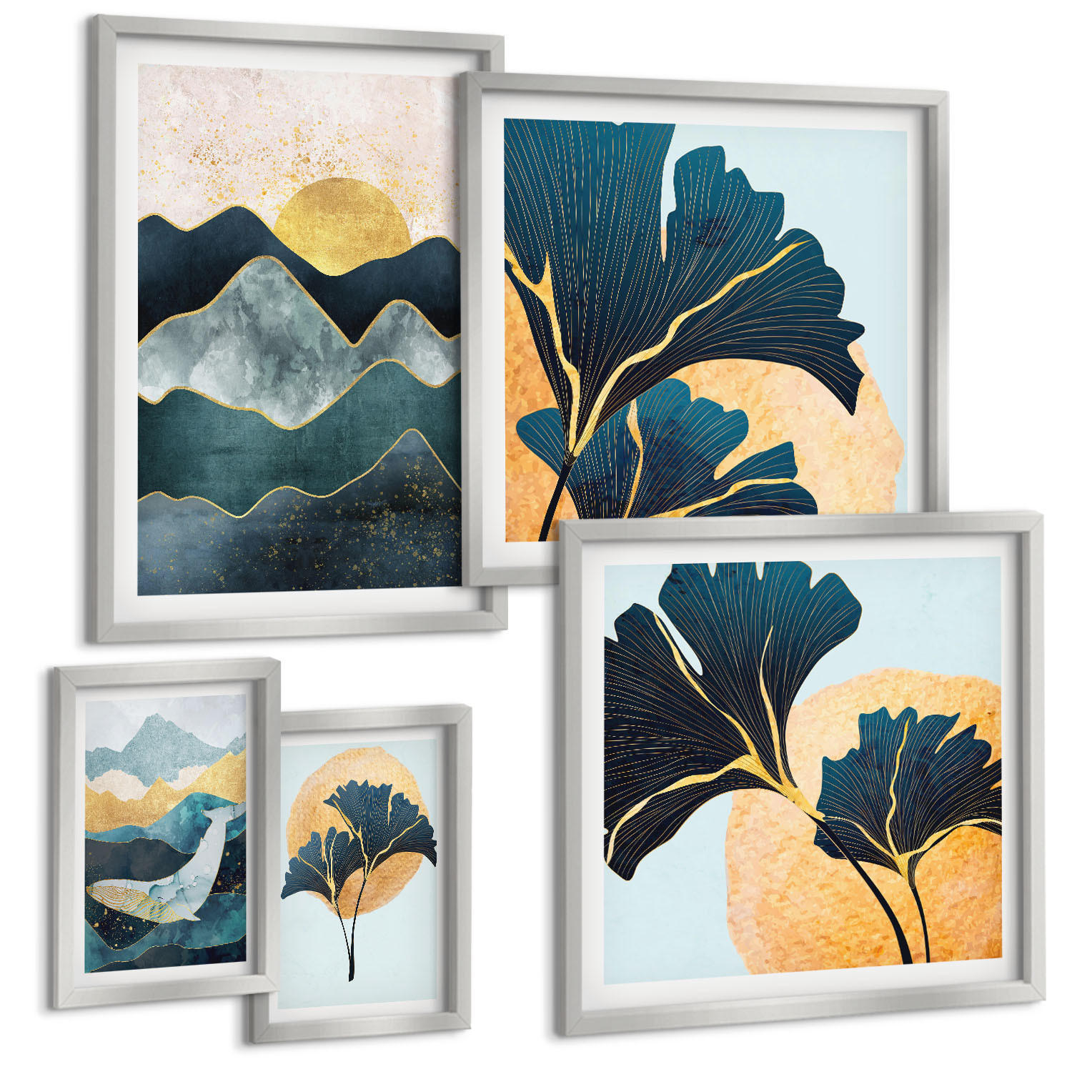 BILDER SET 5er Set - 50x50 cm & 20x30 cm & 40x60 cm Silberner Rahmen - Fruchtige Muster italienischer Wein - Silberfarben, Kunststoff (40/60cm) - TULUP