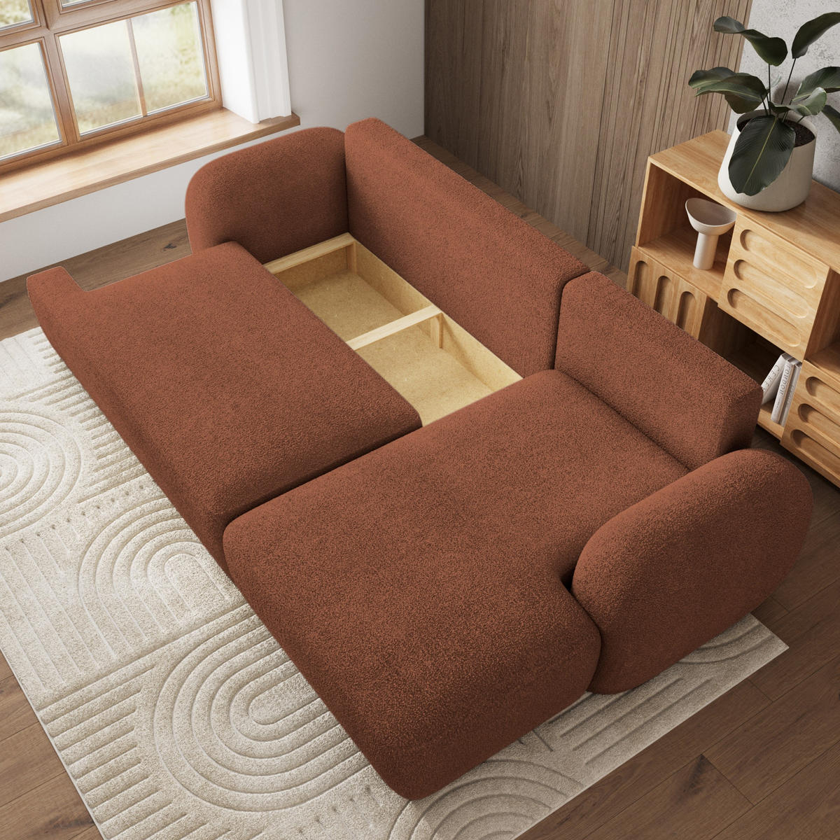 ECKSOFA MODENZA N R-S Orange Boucle-Stoff mit Schlaffunktion - Orange, Holz (266/148cm) - MASSENO