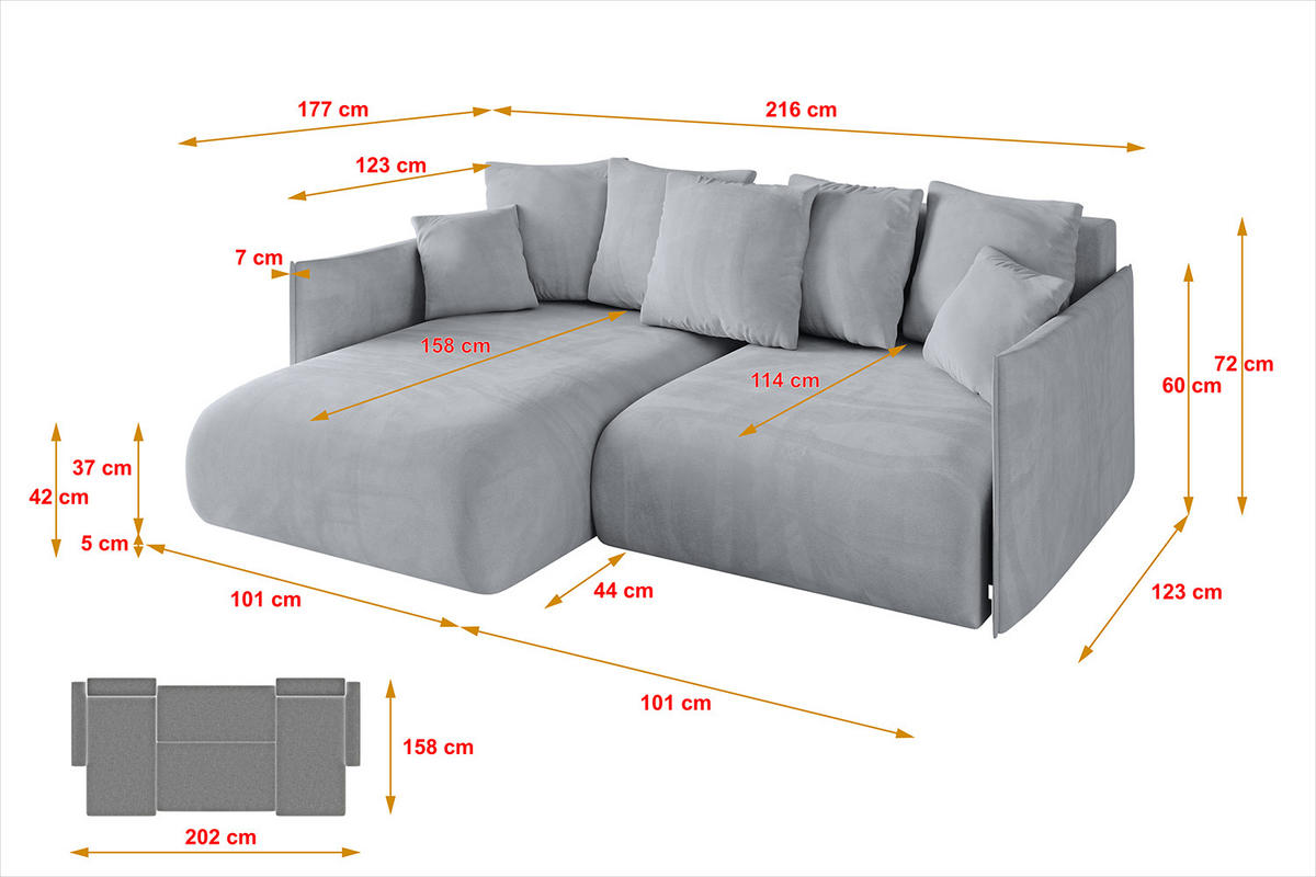 ECKSOFA mit Schlaffunktion und Bettkasten ONESK-L 216x177x72 Hellgrau Velours - Hellgrau/Grau, Holzwerkstoff/Kunststoff (216/177cm) - ALTDECOR