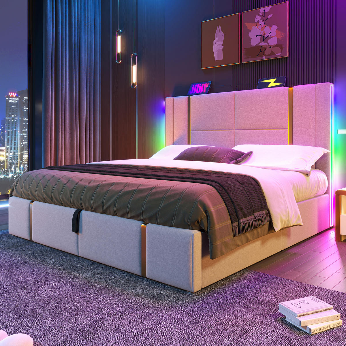 POLSTERBETT mit Stauraum LED USB/Type-C 180x200 cm Beige - Beige, Metall (180/200cm) - Meubliv