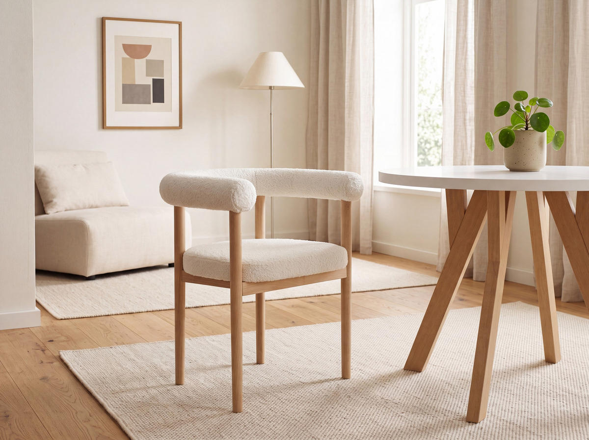 ESSZIMMERSTUHL MAYA 2er Set in Weiß Boucle mit massivem Buchenholzgestell 62/56/78 cm - Hellbraun/Braun, Holz/Textil (61/74/57.5cm) - WFL GROUP