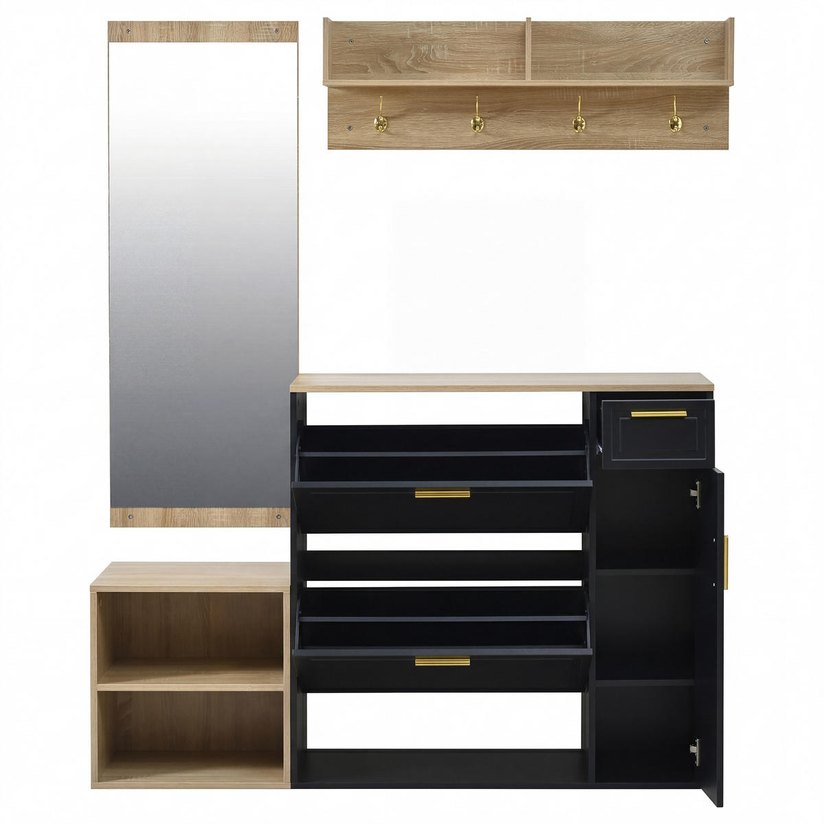 GARDEROBESET 4-teilig Schuhschrank Sitzbank Spiegel Flur 139cm - Multicolor, Holzwerkstoff (130/174/30cm) - FLIEKS