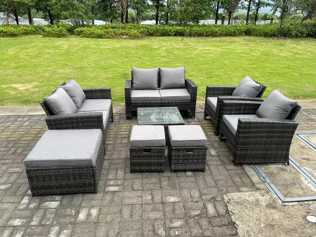GARTENMÖBEL-SET Polyrattan Dunkelgrau 9-Sitzer - Dunkelgrau, Metall - Fimous