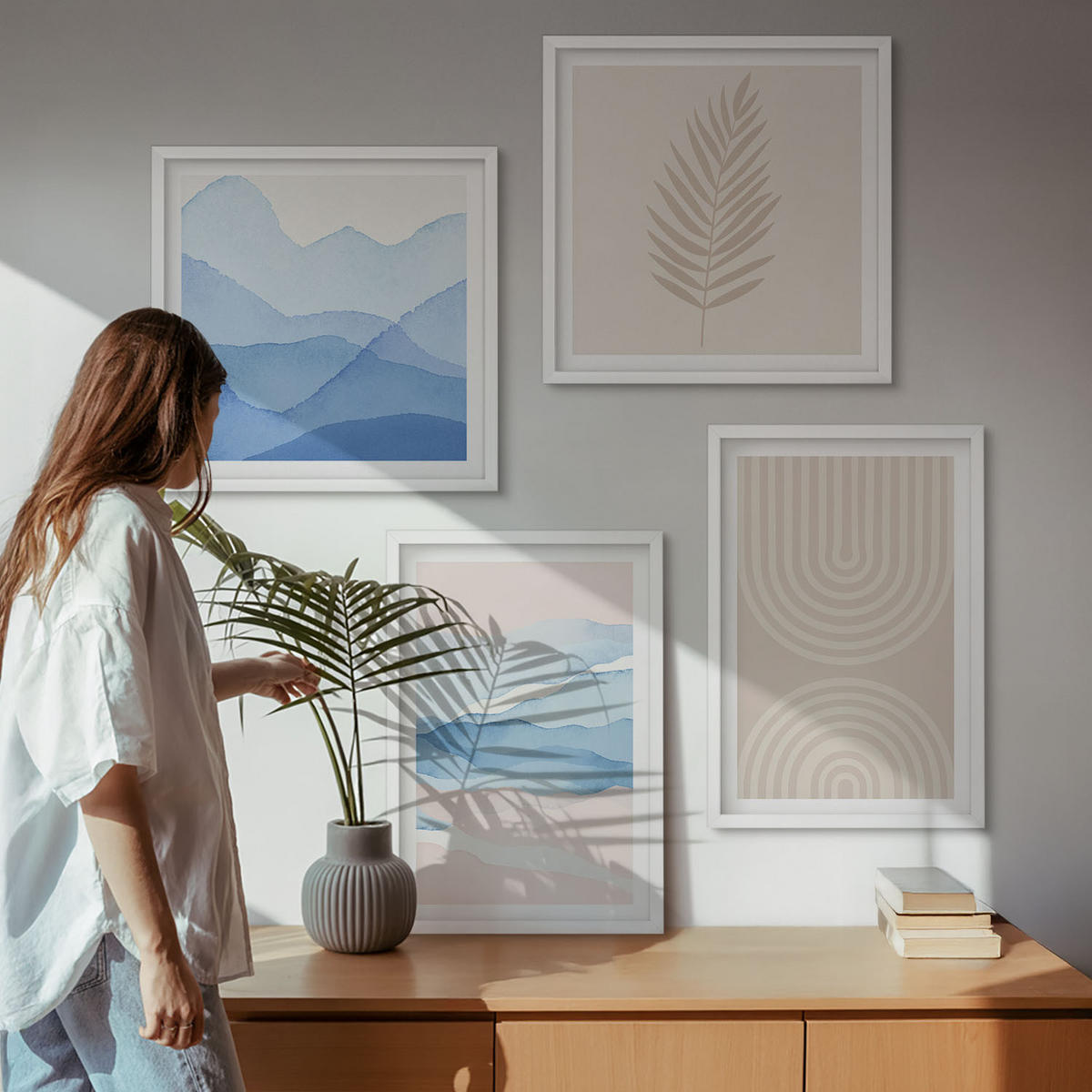 WANDBILDER 4er-Set - 50x50 cm & 40x60 cm Weißer Rahmen - Blätterwellen beige blau - Weiß, Kunststoff (50/50cm) - ArtPrintCave