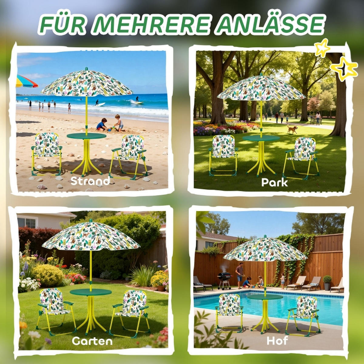 KINDER-GARTENMÖBEL 4 tlg KindersitzgruppeOutdoor 49,5x49,5x50cm Mit Sonnenschirm - Grün, Textil - Raelunyi