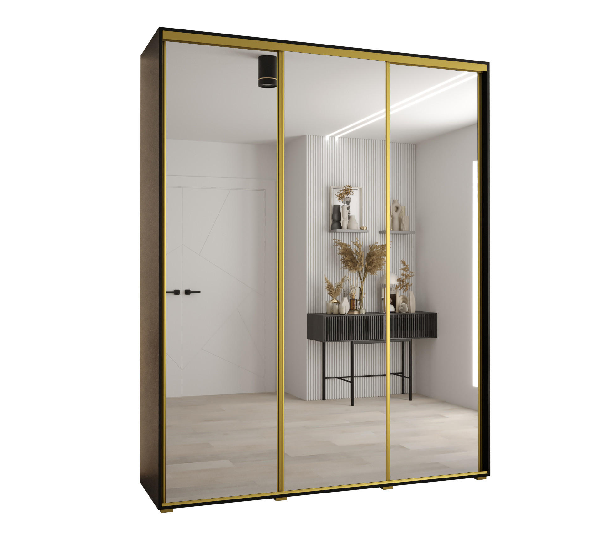 Abiks Möbel Schwebetürenschrank Schwarz, Schwarz, Gold 190x235x45 cm