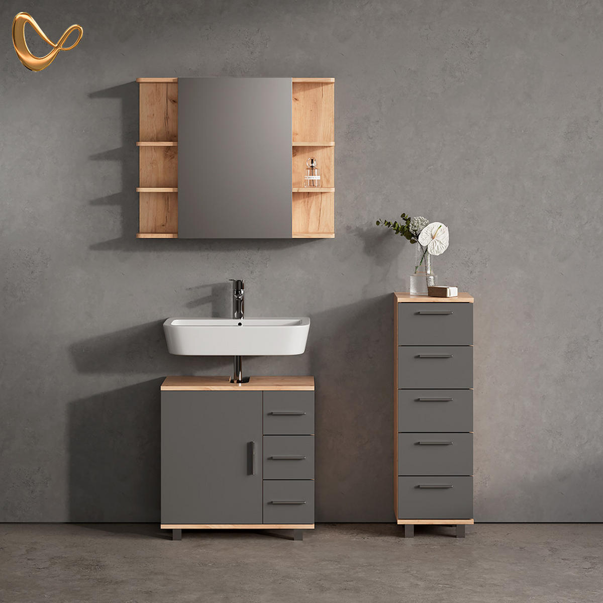 BADMÖBEL-SET Eisak Eiche 3 Teile, mit Midischrank - Eichefarben/Anthrazit, Holzwerkstoff (60/60/33cm) - Livinity®