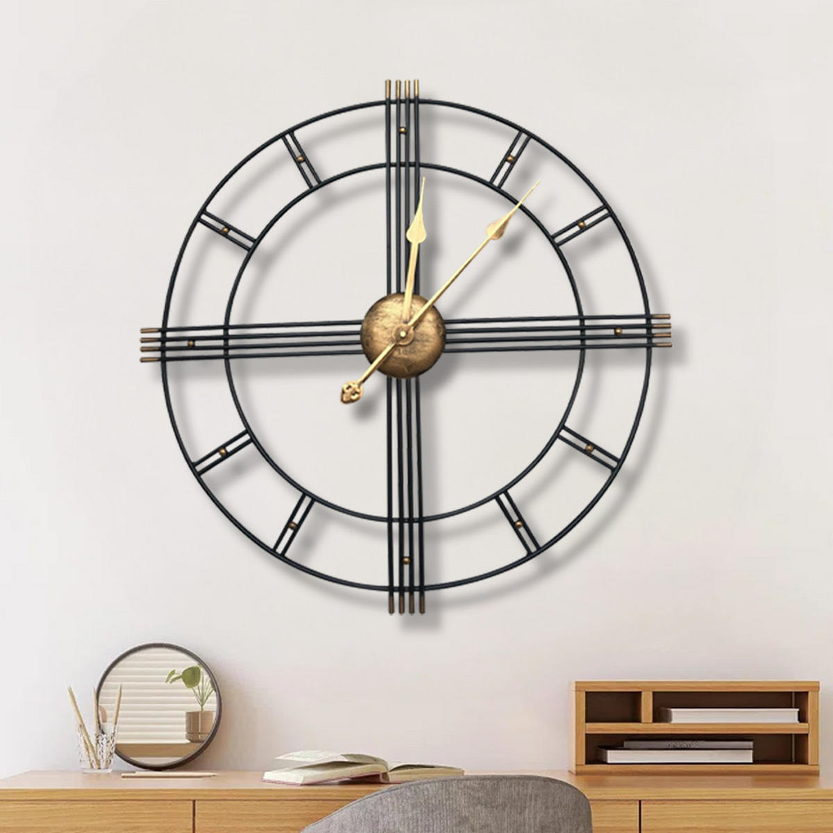 WANDUHR 60 cm Durchmesser Industrie-Stil Metall Schwarz Gold - Goldfarben/Schwarz, Metall (60/3.5/60cm) - Livingandhome