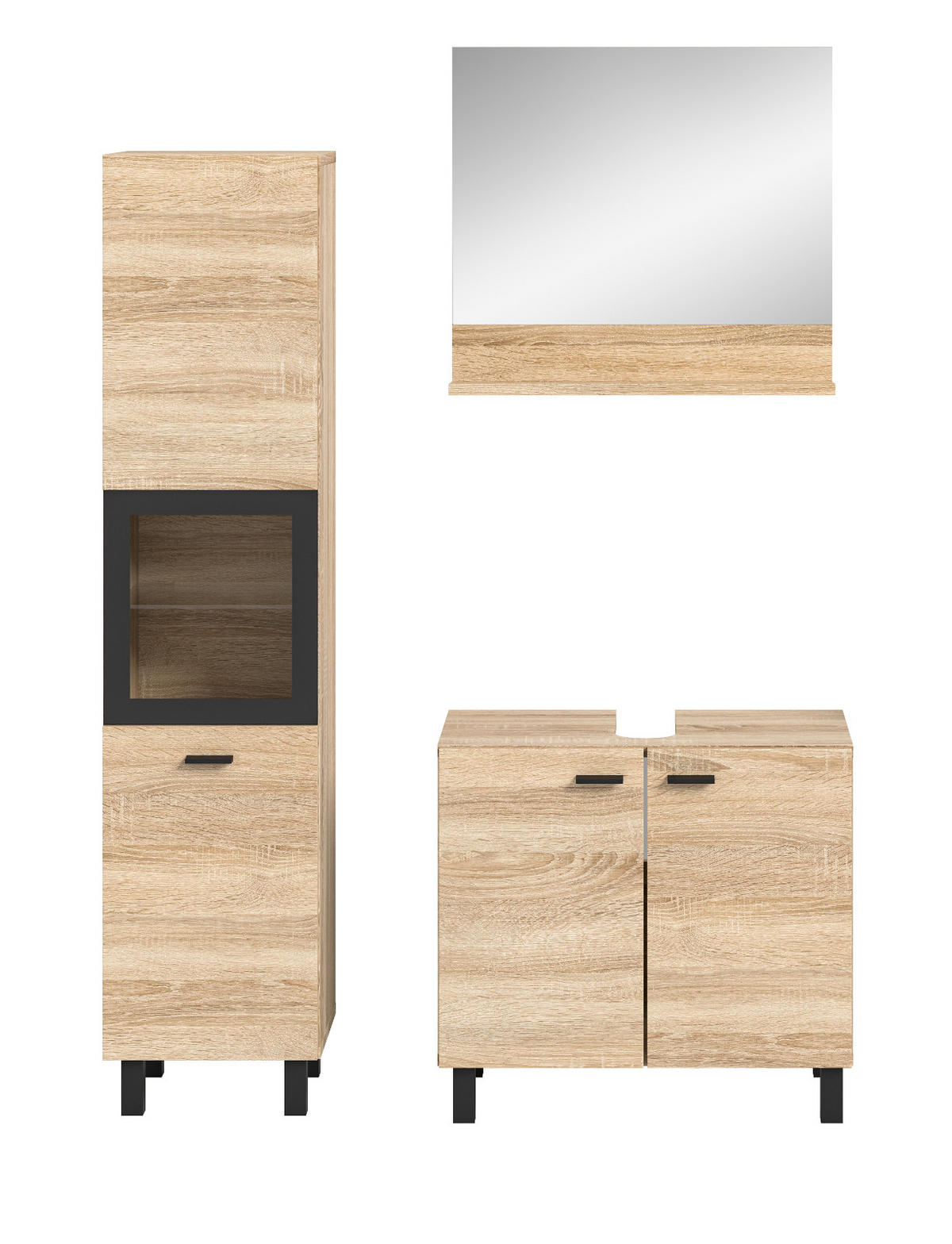 BADMÖBEL-SET Eiche 3-teilig 100 cm, Komplettset hängend oder stehend - Eichefarben/Schwarz, Glas/Holzwerkstoff (102/186/33cm) - Inn.Furn