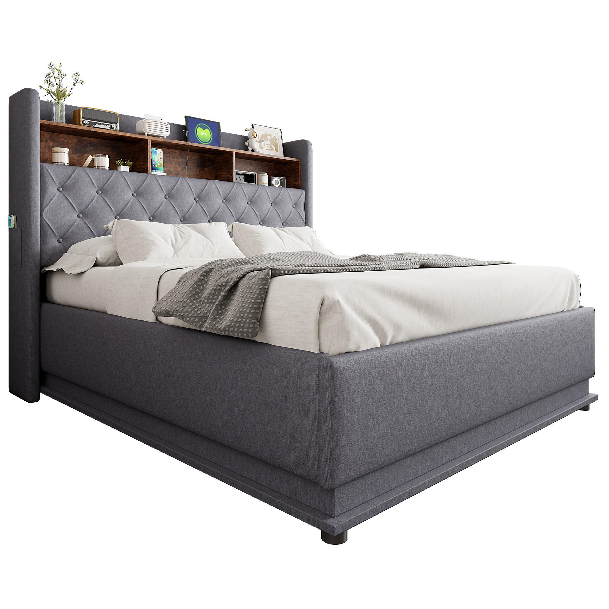 POLSTERBETT 160/200 cm in Grau Leinen mit Bettkasten, LED und USB - Grau, Holzwerkstoff/Textil (160/200cm) - WISHDOR