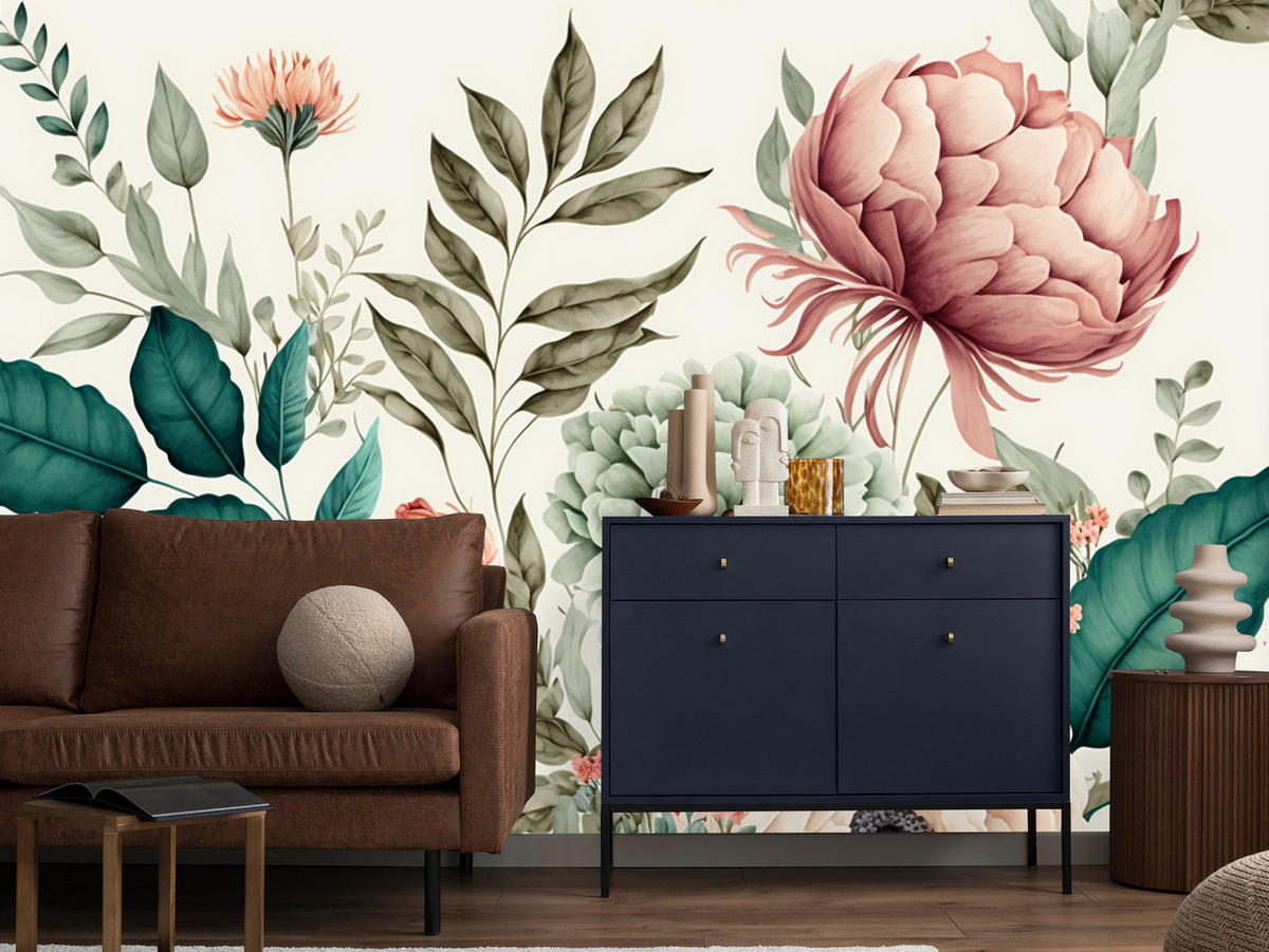 FOTOTAPETA Pre Spálňu Pastelové Pivonky Kvety Listy 200 x 140 cm - modrá/zelená, papier (200/140cm) - Muralo
