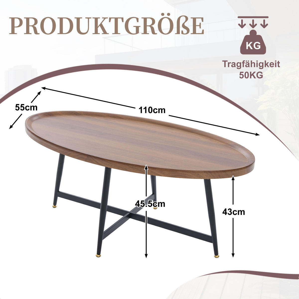 COUCHTISCH 110/55/45 cm Braun mit ovaler Tischplatte und Metallgestell - Braun, Holzwerkstoff (110/55/45cm) - OKWISH