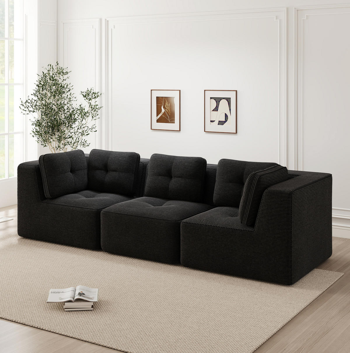 SOFA 297/104/69 cm in Schwarz aus Cord mit modularen Elementen - Schwarz, Textil (104/69/297cm) - Flora Grace