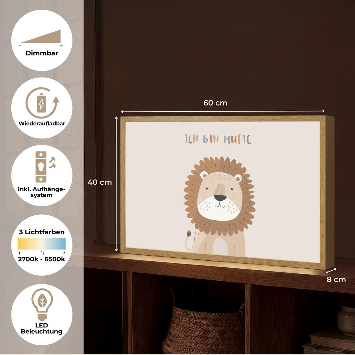NACHTTISCHLAMPE MIT AKKU Löwe - Beige - Tier - Mutig - Zitat 60x40 cm - Beige, Holzwerkstoff (8/60/40cm) - OnlyWow