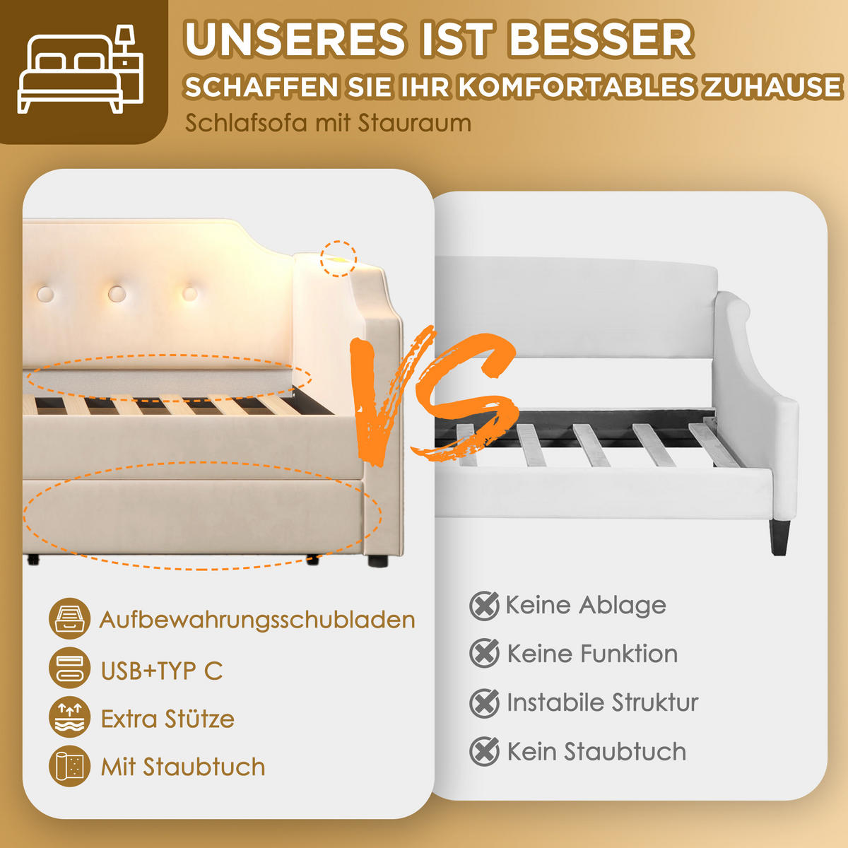 JUGENDBETT 90/200 cm in Beige Samt mit 2 Schubladen, USB und Leselampe - Beige, Holzwerkstoff/Textil (90/200cm) - WISHDOR