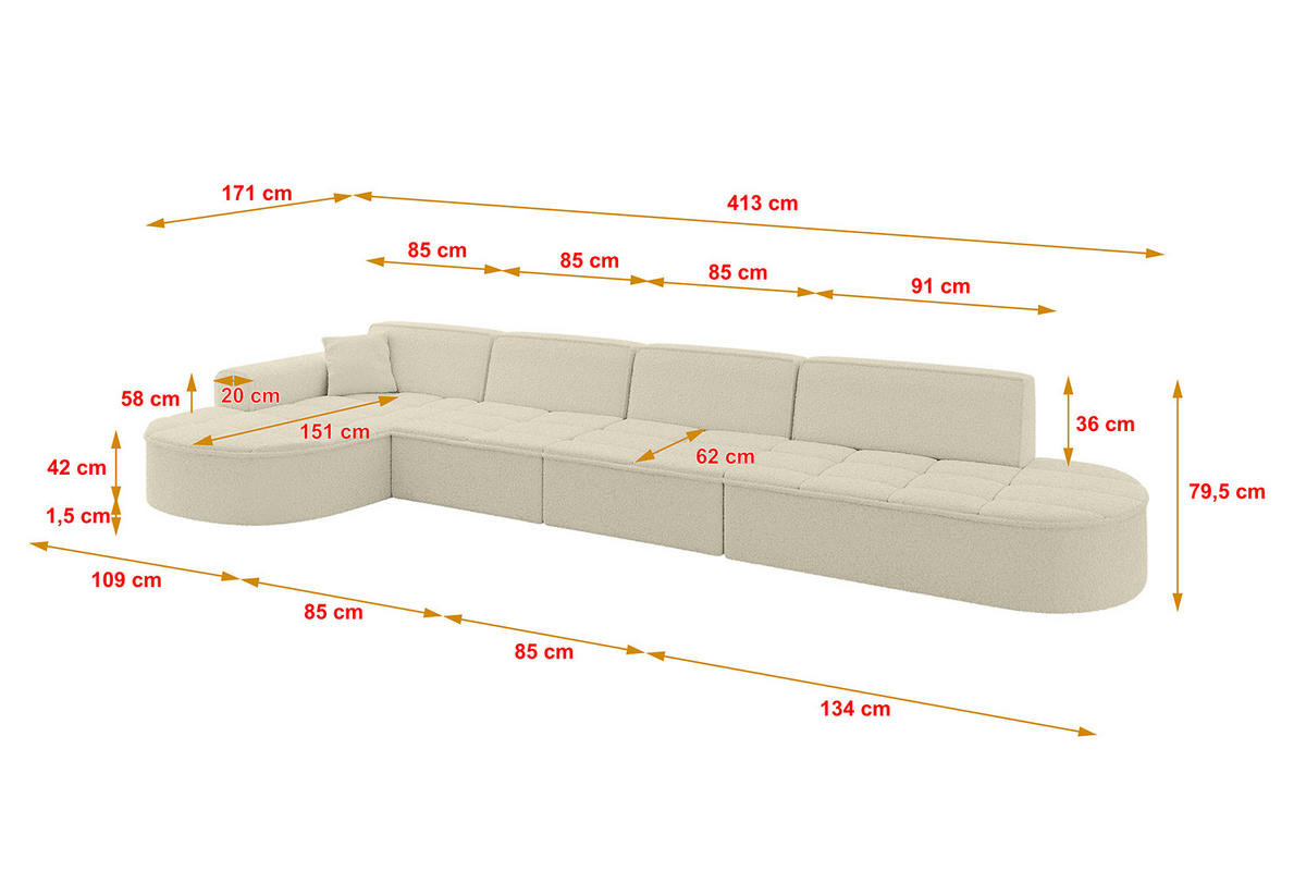 ECKSOFA Ottomane Links TARO-L3 - 413x171x79,5 cm Beige - Beige, Holzwerkstoff/Textil (413/171cm) - ALTDECOR