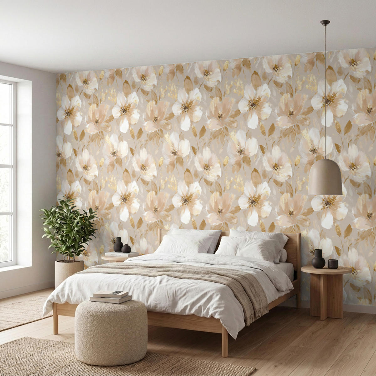 TAPETE - Blumen - künstlerisch - Gold - 450x200 cm - Beige, Papier (450/200cm) - OnlyWow
