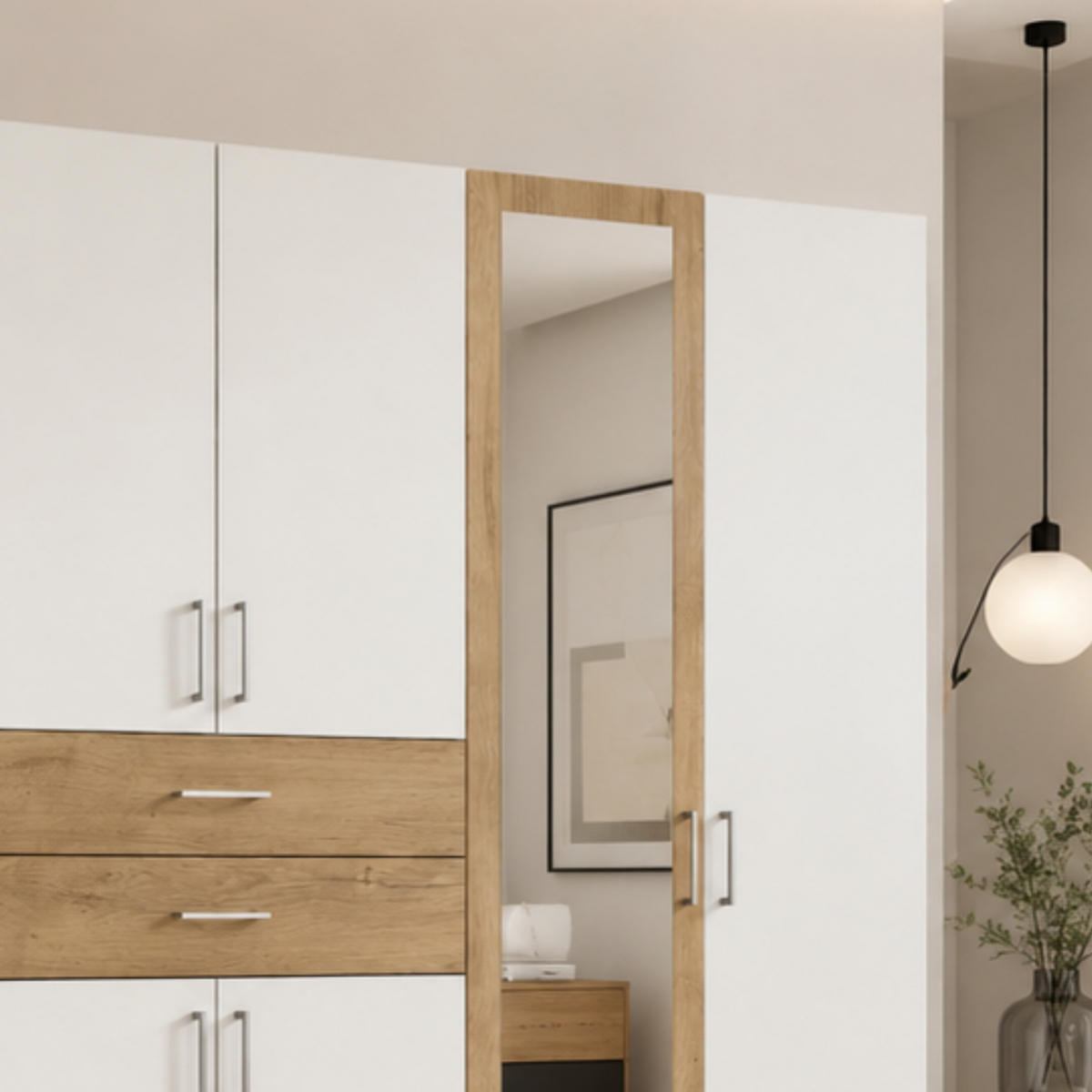 DREHTÜRENSCHRANK Kleiderschrank B270/H208/T58 cm mit Schubkästen & 2 Spiegeltüren, Weiß mit Absetzungen in Eiche Dekor / 22595 - Eichefarben/Silberfarben, Holzwerkstoff/Kunststoff (270/208/58cm) - luma-home